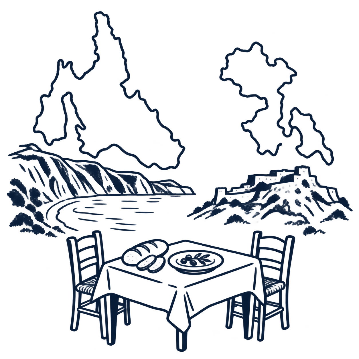 Hand-drawn Kefalonia with Petani Beach and Leros with Panagia Castle, above a shared Greek family table.